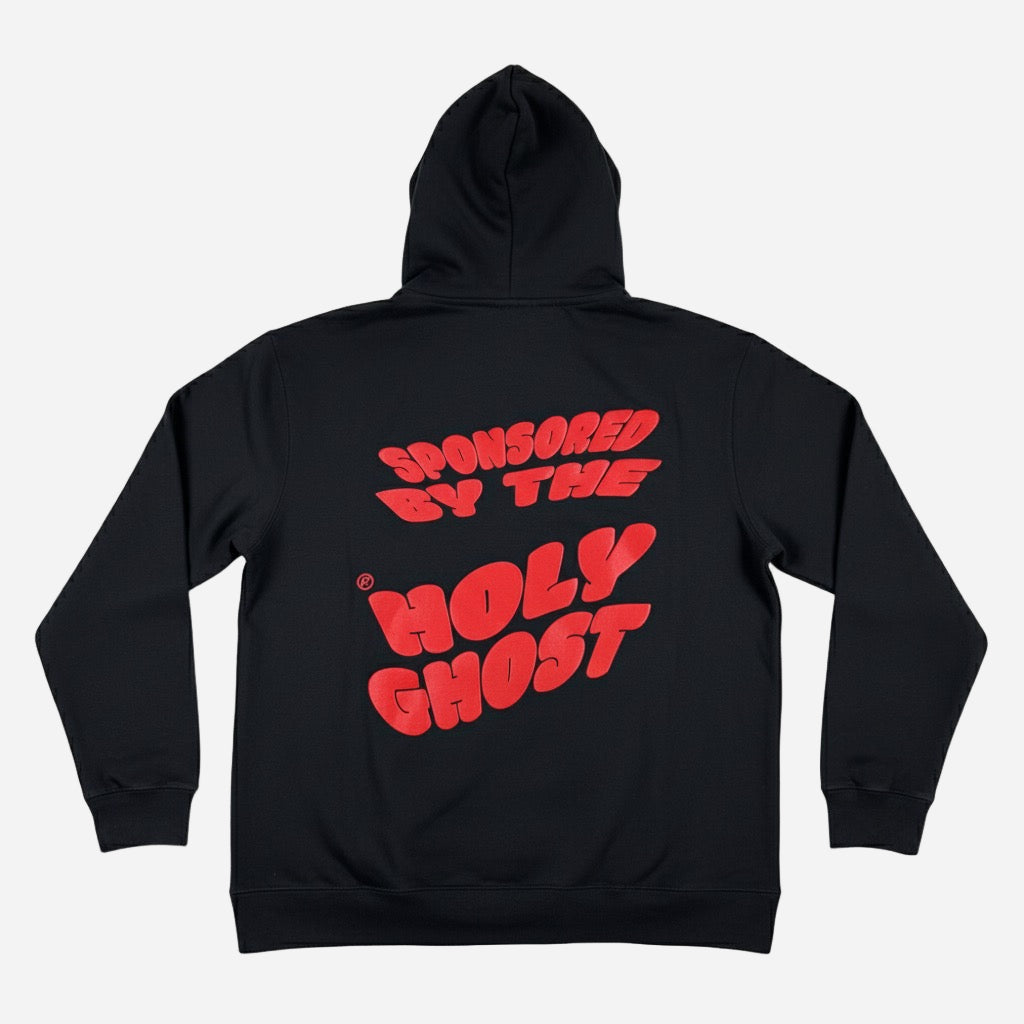 Black Sponsored by the Holy Ghost hoodie with christian faith based graphic
