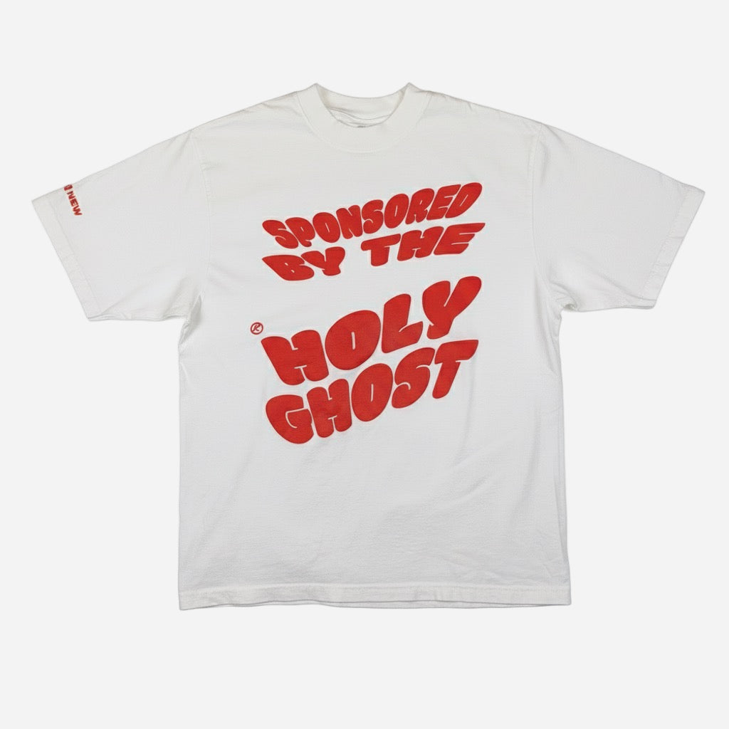 White oversized sponsored by the holy ghost christian merch from faith-based apparel brand CRE8NEW